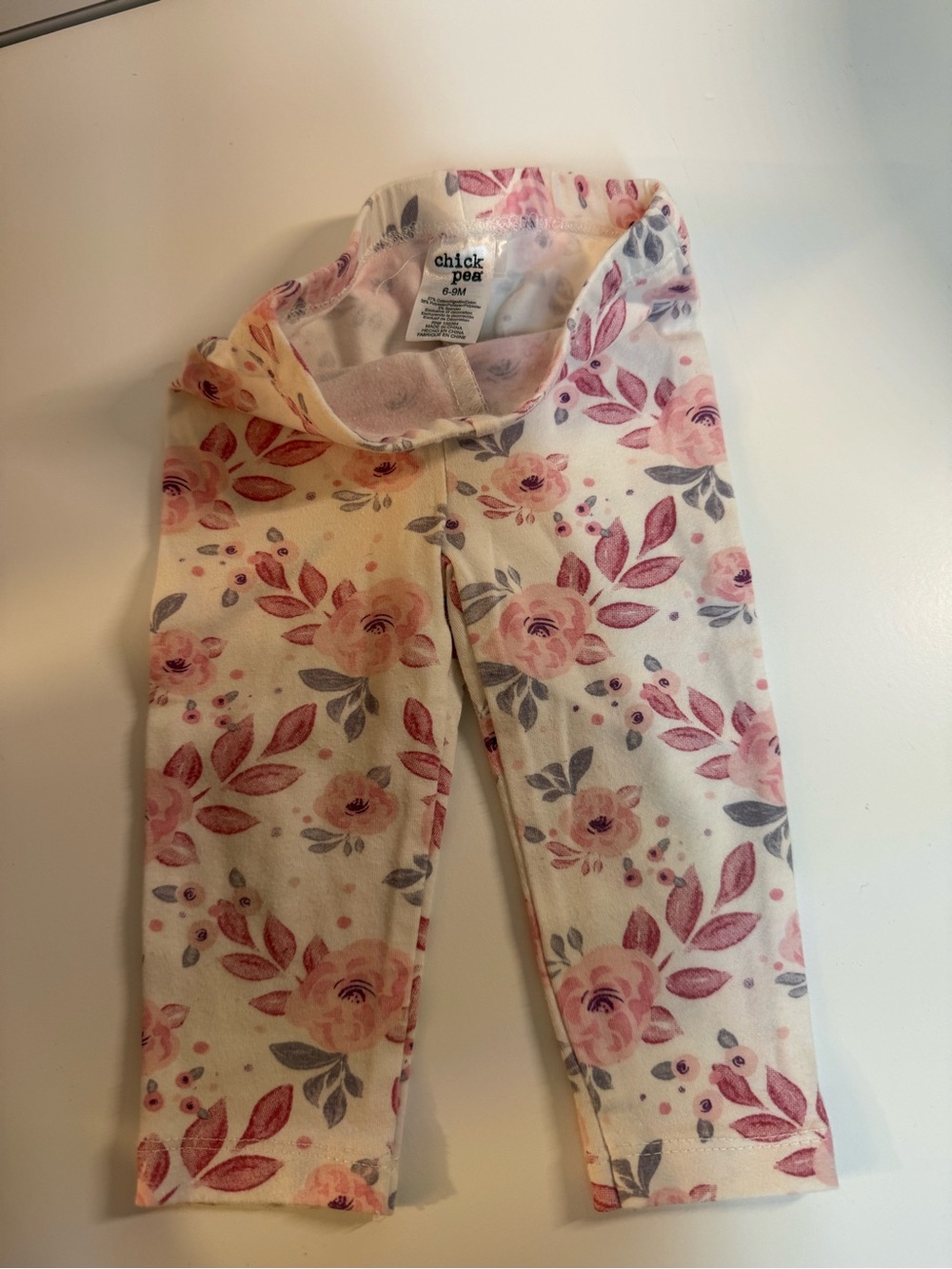 chick pea Pink Floral Baby Leggings with Gray Leaves